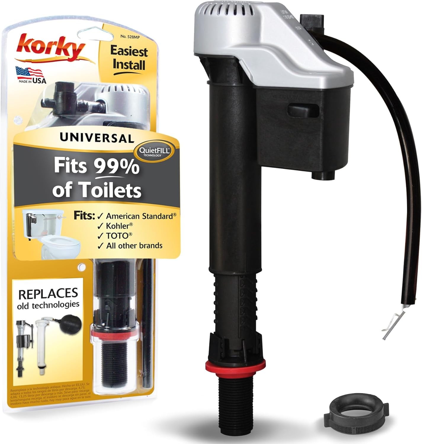 Korky QuietFILL Platinum Toilet Fill Universal to Fit 99% of Toilets, Black 