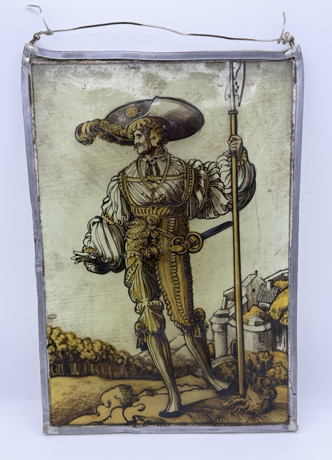 Antique German Swiss Grisaille Silver Stained Glass Landsknecht Soldier Panel