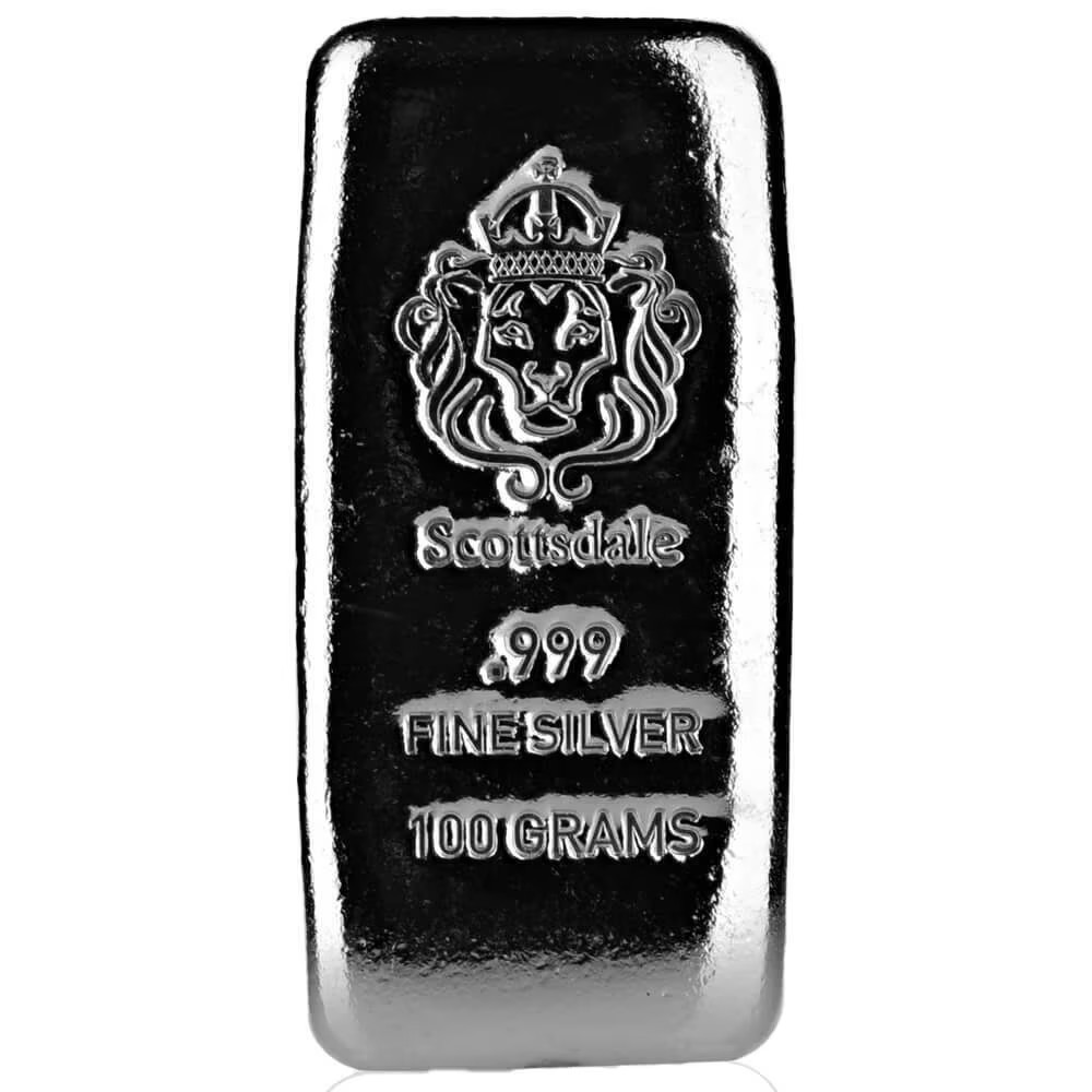 100 Gram Cast Silver Bar by Scottsdale Mint .999 Silver Bullion - 100g  #A130
