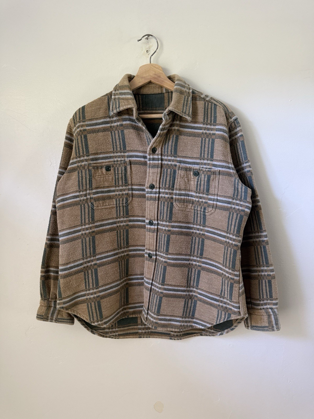Vintage 60s Champion China Heavy Flannel Camp Blanket Shirt Tan Green Plaid M/L