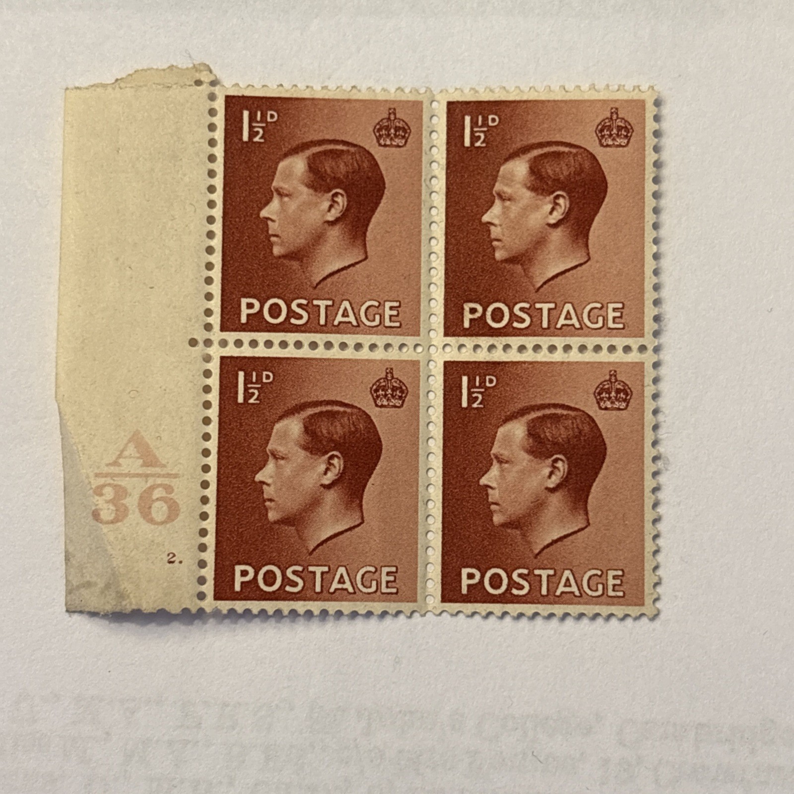 GB EDVIII 1936 SG459 1½d. red brown Block of 4 Control A36 Cyl.2 Dot GB EDVIII 1936 SG459 1½d. red brown Block of 4 Control A36 Cyl.2 Dot