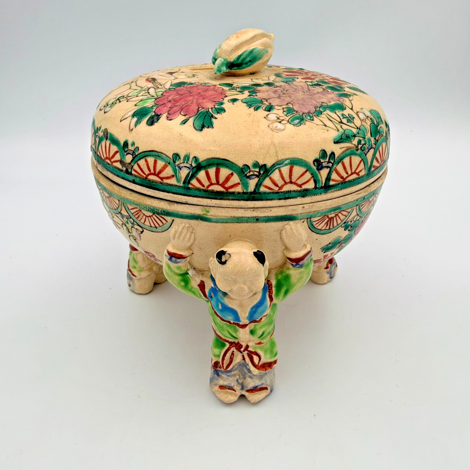 Antique Japanese Satsuma Covered Box 3 Karako Boys Crane Meiji c1900 5.75in