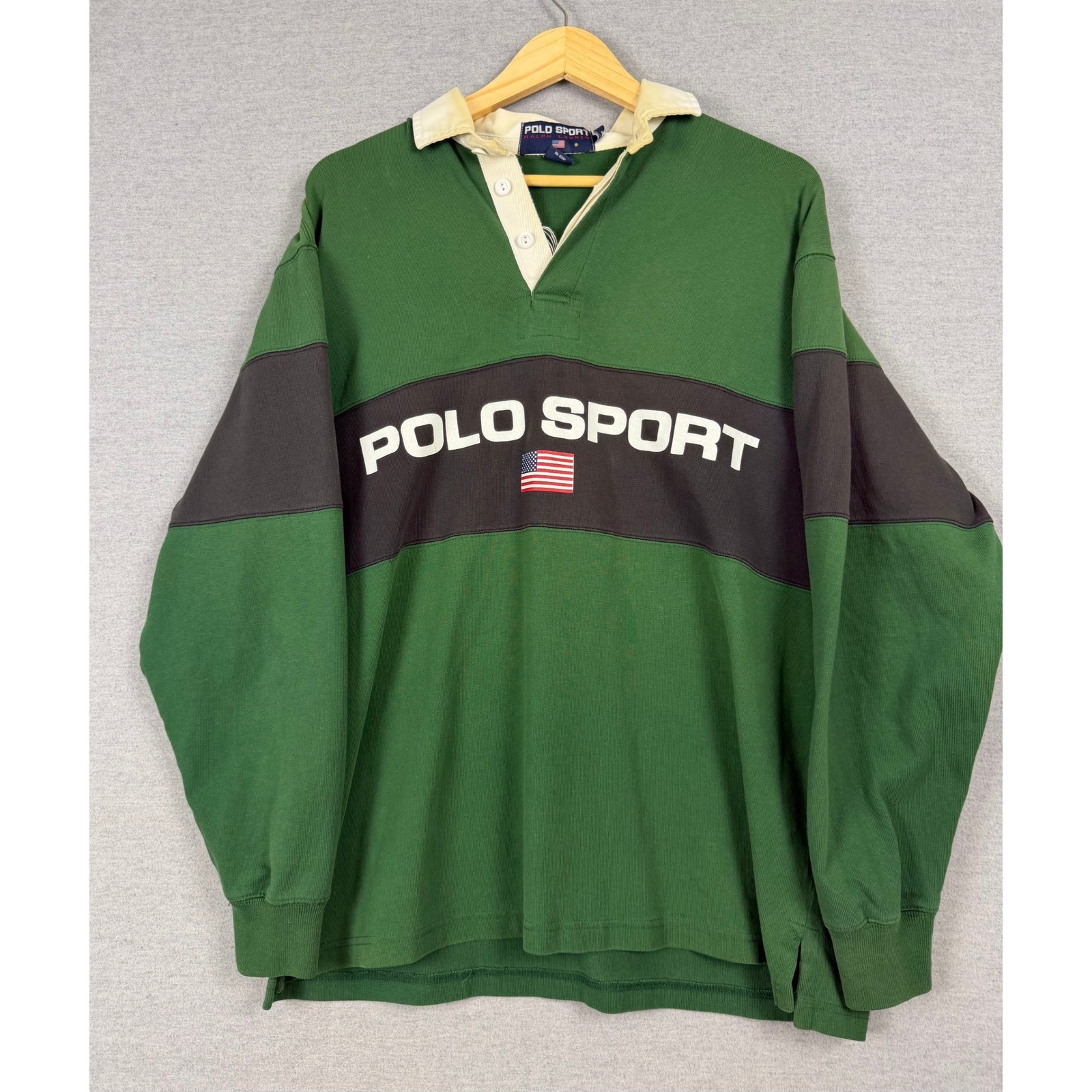 Vintage Polo Sport Ralph Lauren Rugby Shirt Green Black Long Sleeve Mens M 90s