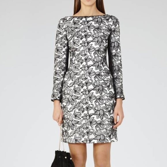 Reiss Celia Black Lace Overlay White Long Sleeve Sheath Cocktail Dress Women\'s 6