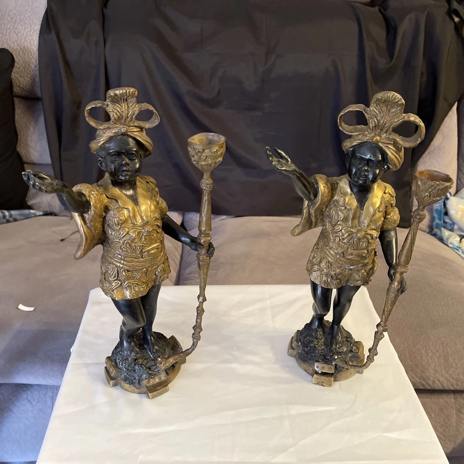 Pair Antique Bronze Blackamoor Candle Holders Venetian Figural Candlesticks 16” Pair Antique Bronze Blackamoor Candle Holders Venetian Figural Candlesticks 16”
