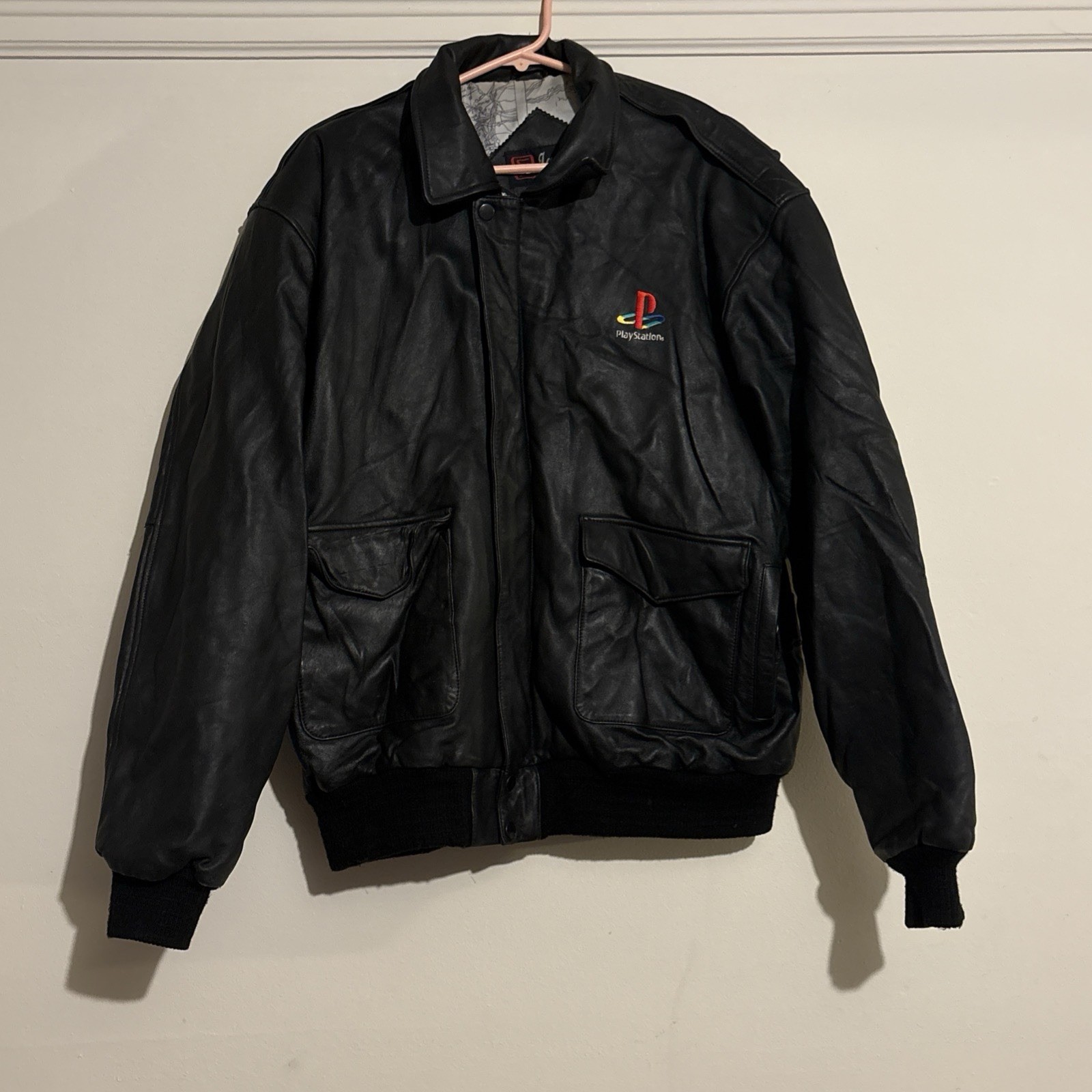 Vtg 1997 Sony PlayStation PS1 Employee Promo Leather Bomber Jacket Map Lining XL