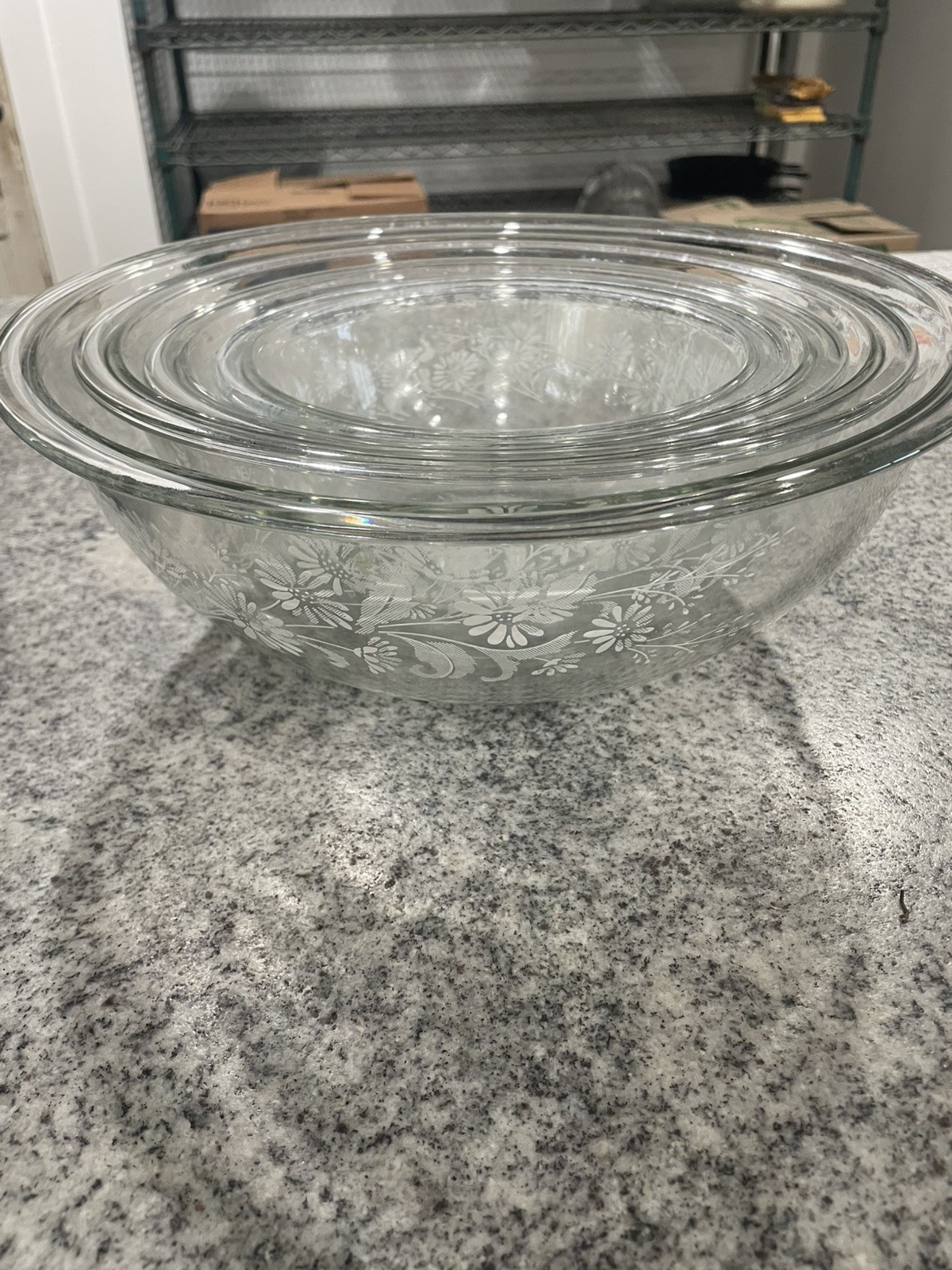 Vintage Pyrex Colonial Mist Nesting Mixing Bowl Set~White Daisy Glass 