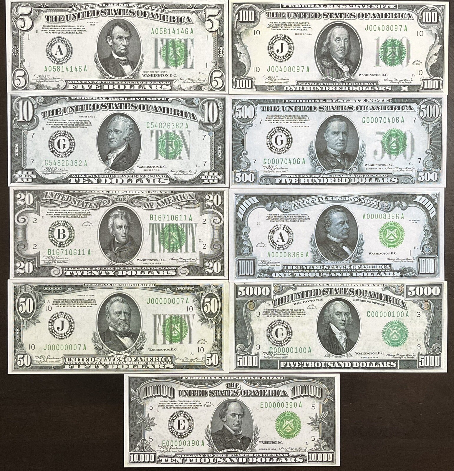Reproduction 1934 Federal Reserve Notes $5 -$10,000 Set Read Description Below