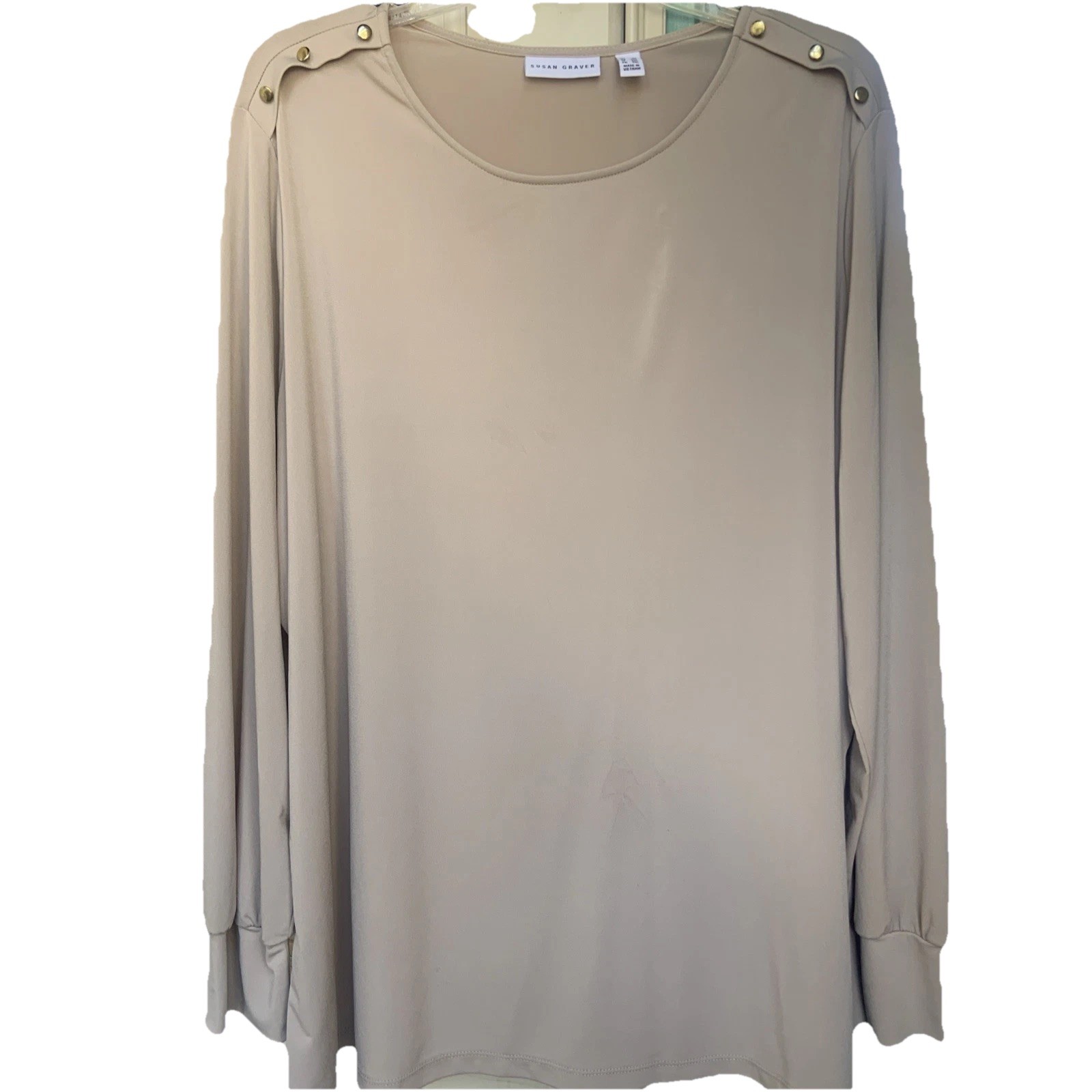 Susan Graver Top 2X Beige  Stretch Liquid Knit Gold Shoulder Button Detail Tunic
