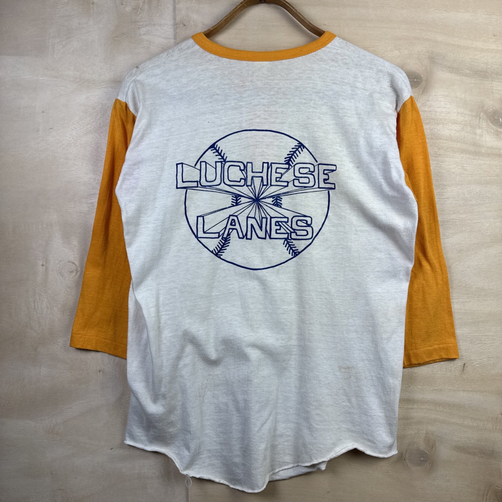 Vintage Luchese Lanes Niagara Falls Henley Baseball Jersey Distressed Shirt Sz L