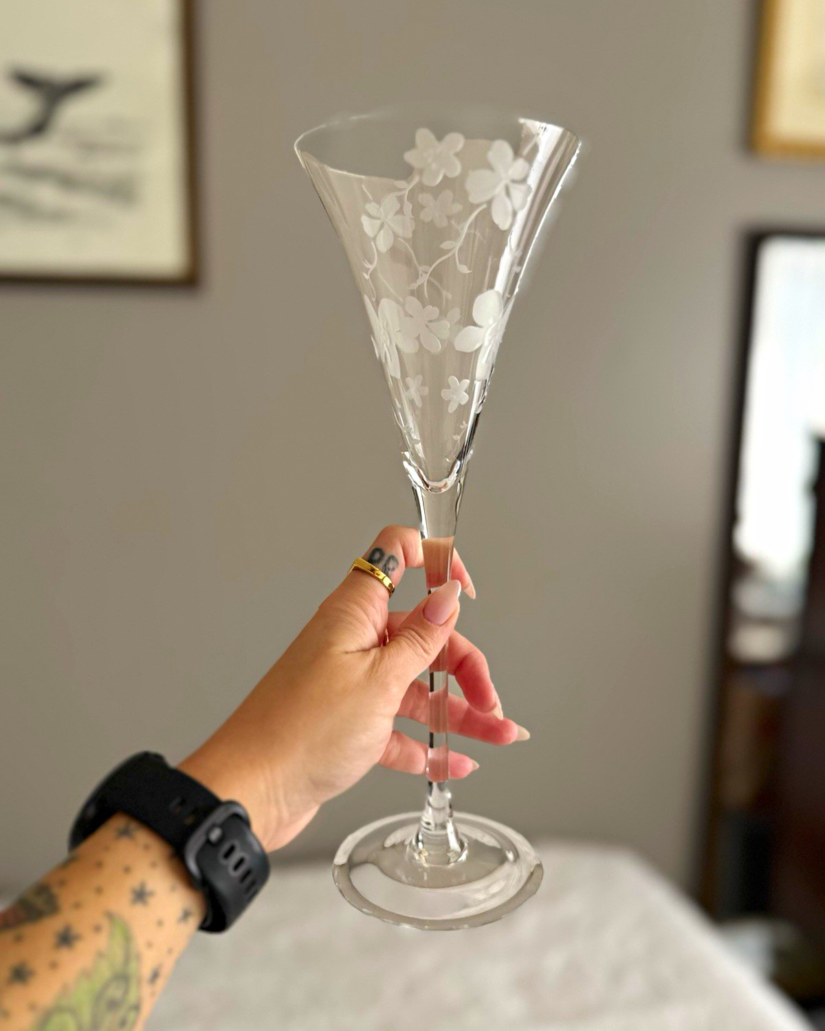 Marquis by Waterford Clear Etched Floral Champagne Flutes Decorated Set of 2