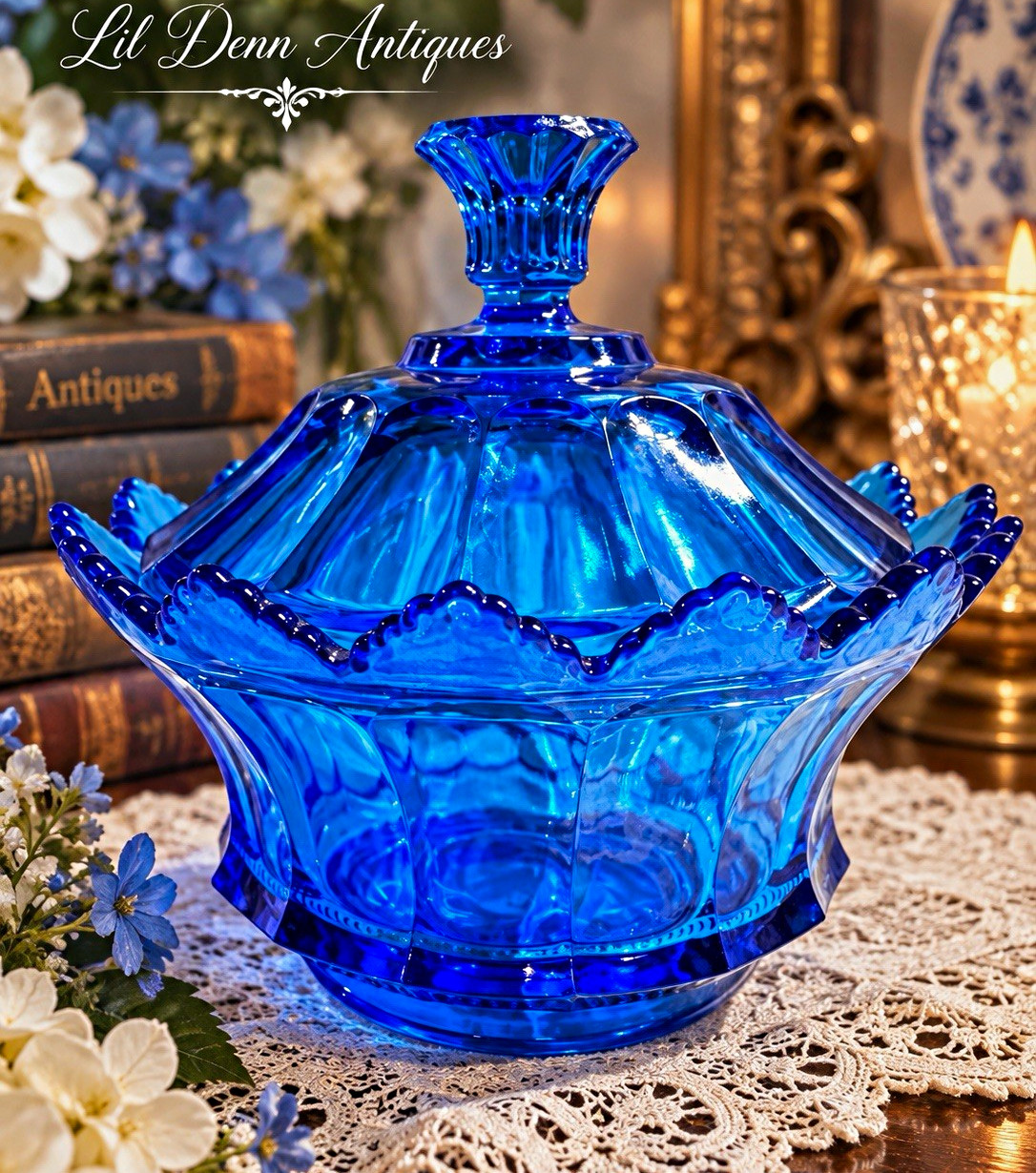 Vintage Fenton Cobalt Blue Glass Large Covered Candy Dish Ruffled 7.5”