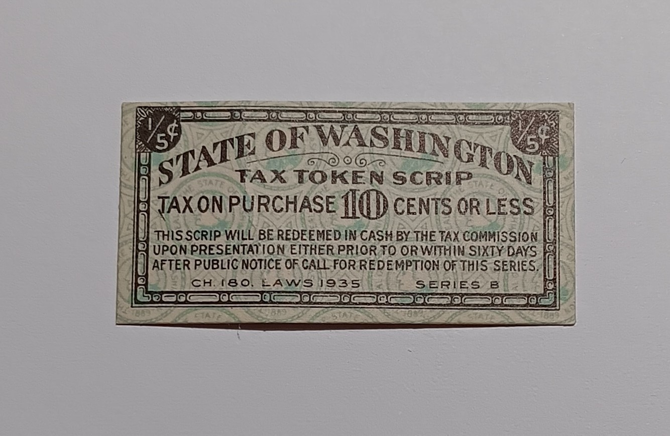 State of Washington Tax Token Scrip 1935 Series B 1/5c Depression Scrip - Grey/B