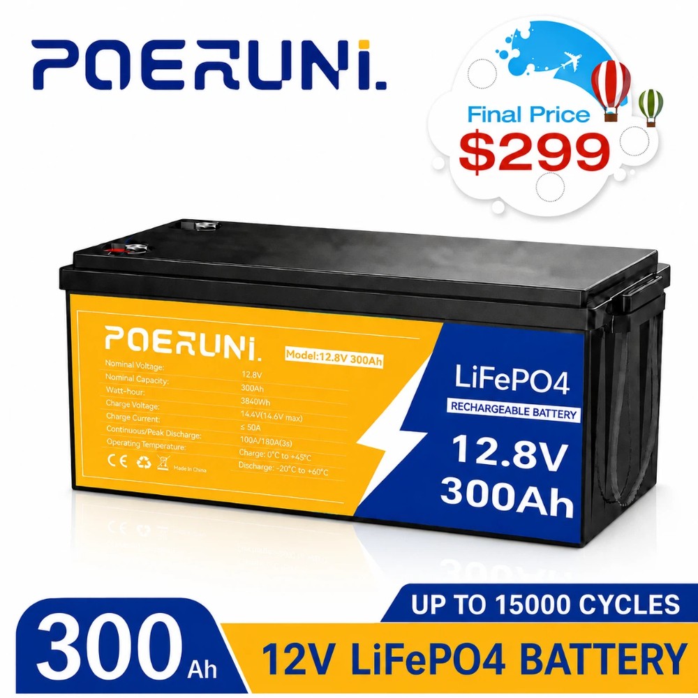 POERUNI 12V 300Ah Lithium LiFePO4 Battery 3840Wh 15000 Cycle Deep Cycle RV Solar