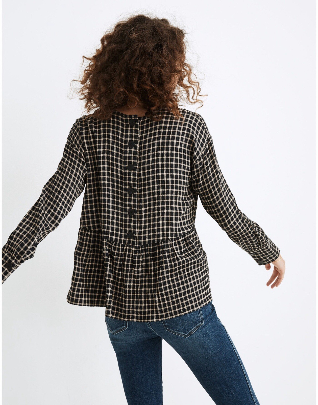 Madewell Button-Back Peplum Top Blouse Mini Windowpane Women Medium Tan Black AT