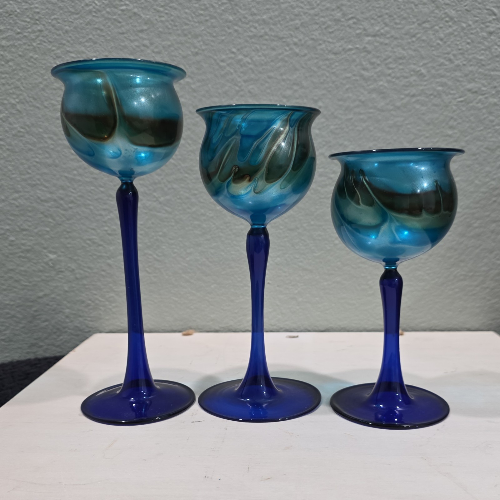 3 Austrian Bimini Werkstätte Loetz Style Iridescent Glass Tea Light Holders #B5