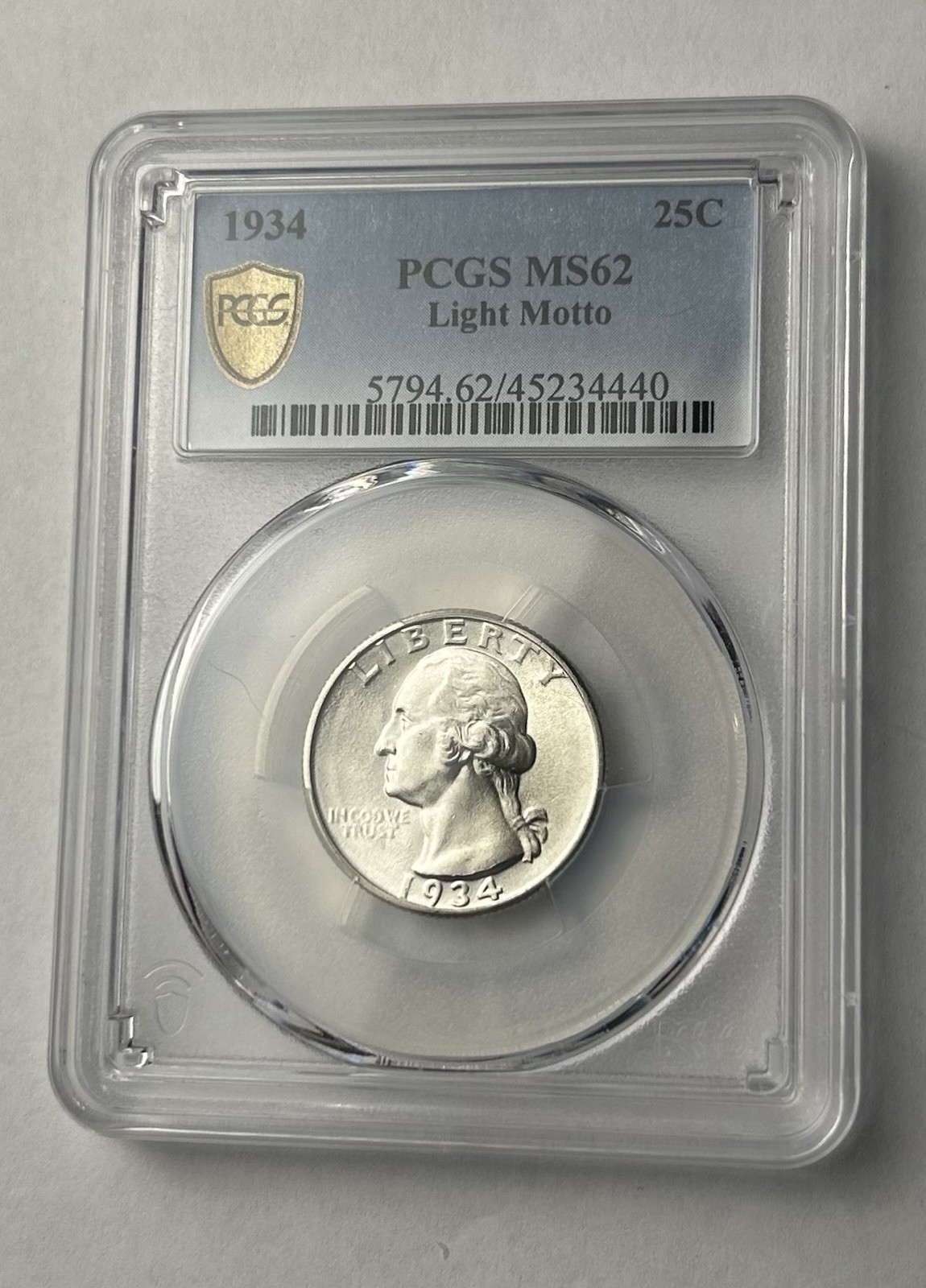 1934 P WASHINGTON QUARTER PCGS MS62 LIGHT MOTTO GOLD SHIELD 1934 P WASHINGTON QUARTER PCGS MS62 LIGHT MOTTO GOLD SHIELD