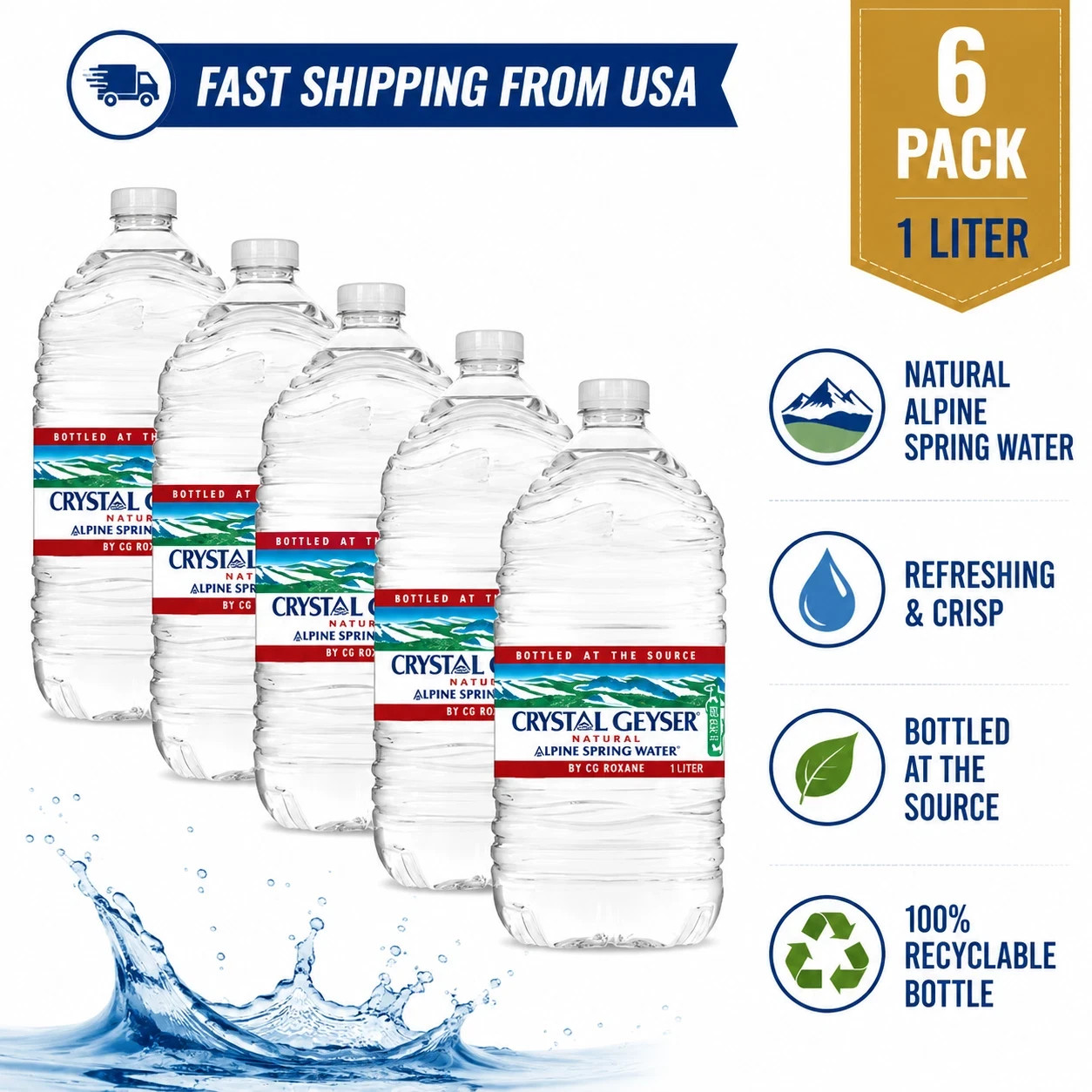6 pack, Crystal Geyser Alpine Spring Water, 1 Gallon Plastic Jug.