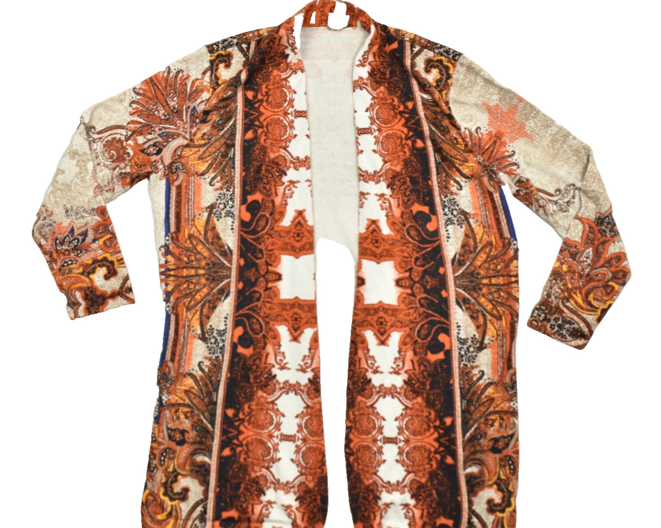 Chico\'s Size 3 Large Paisley Knit Open Front Cardigan Cotton Rayon Orange Tan