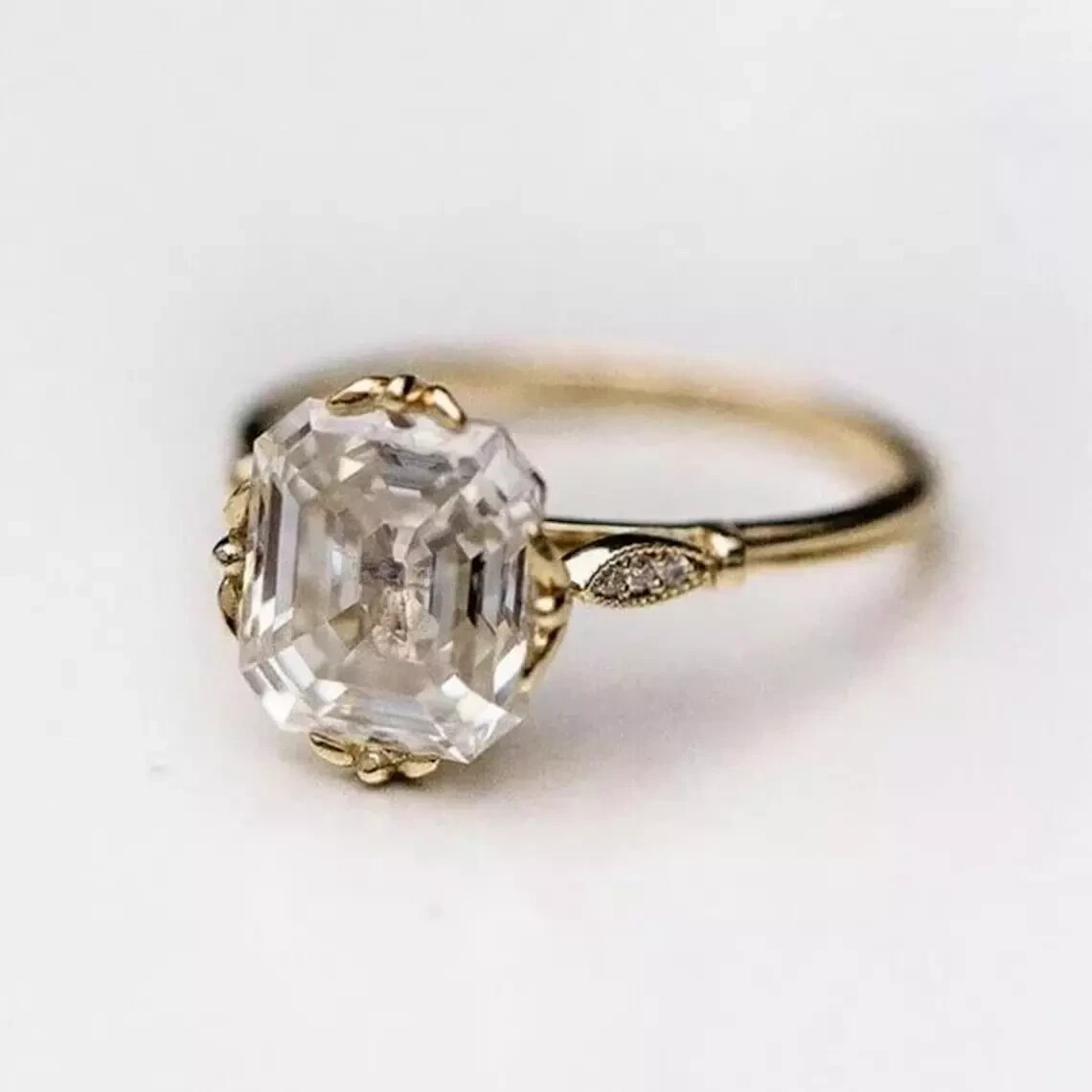 14K Yellow Gold Plated 3Ct Asscher Cut Moissanite Engagement Wedding Ring Women