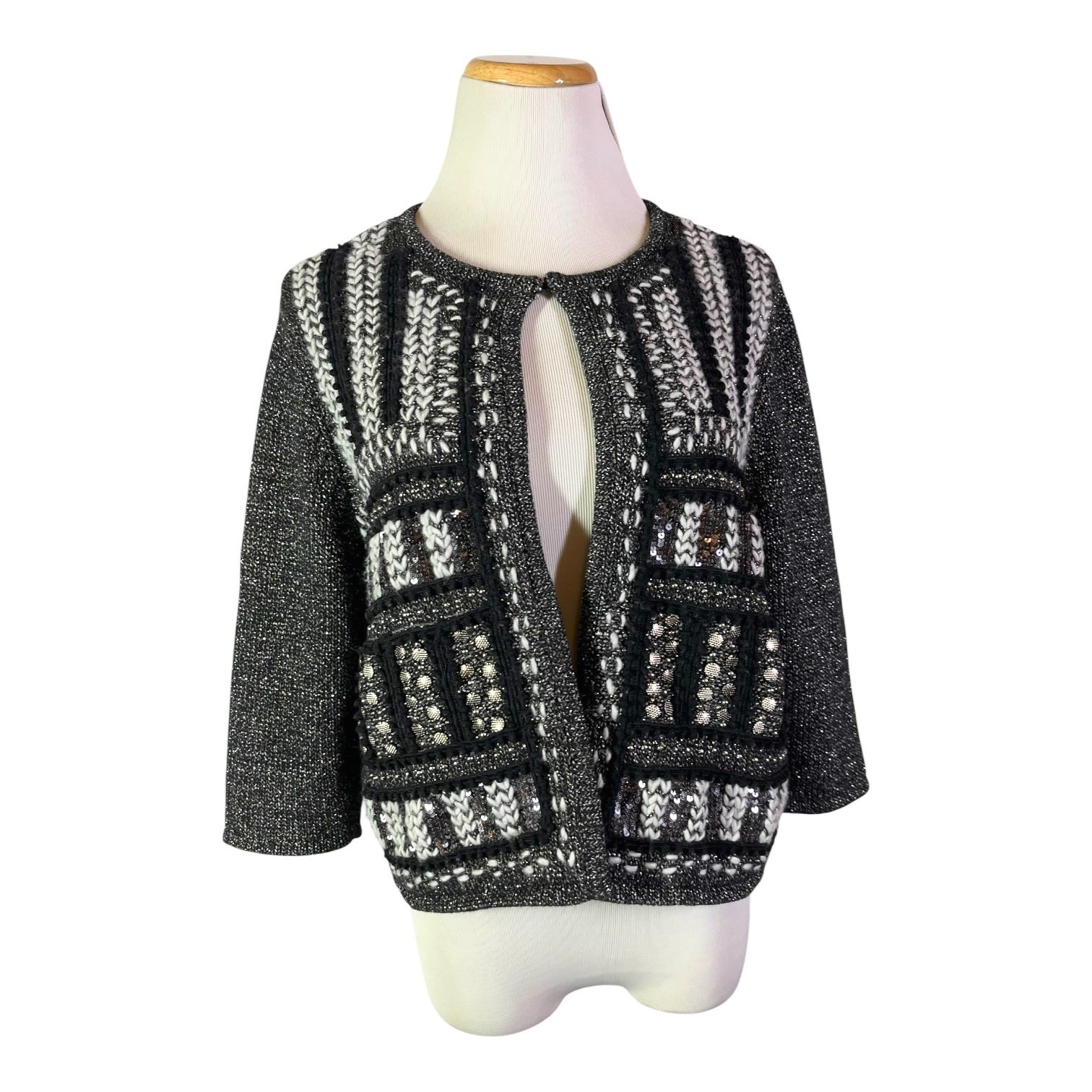 Chico\'s Size 1 (M) Geneva Glitz Cardigan Embellished Black Silver
