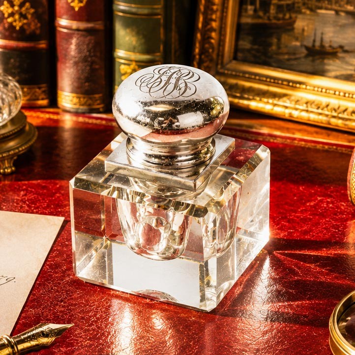 Large Antique Black Starr Frost Crystal Sterling Silver Desk Paperweight Inkwell