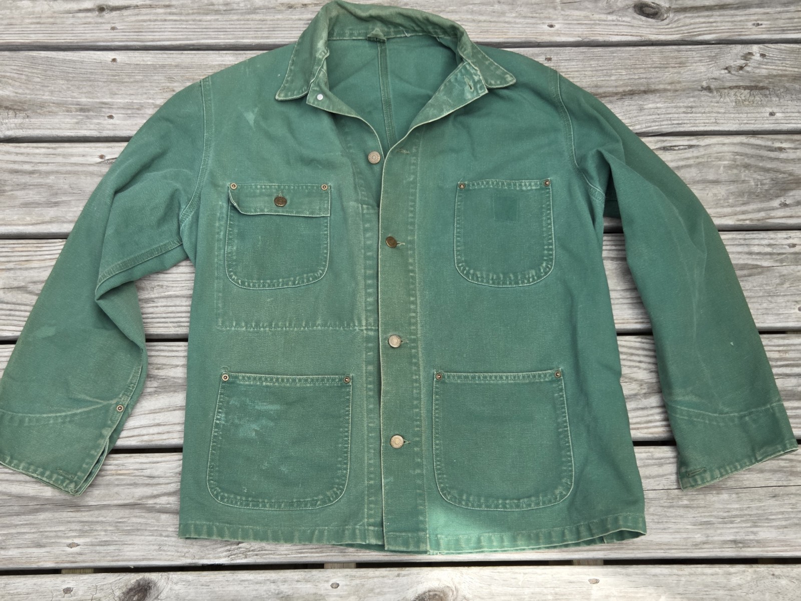 Vintage Carhartt Green Duck Canvas Chore Coat Jacket Distressed Faded Workwear