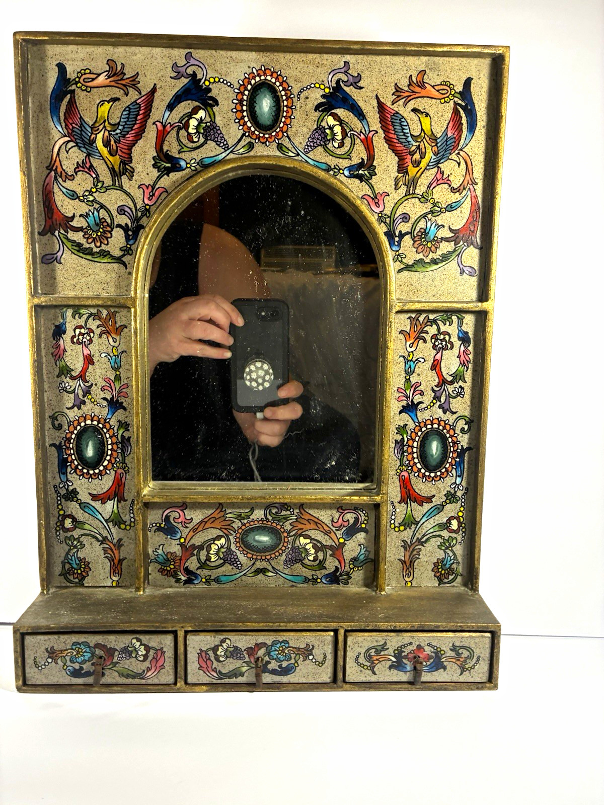 Vintage Hand Painted Peruvian Folk Art Mirror 3 Drawer Vanity Birds Floral 16x12 Vintage Hand Painted Peruvian Folk Art Mirror 3 Drawer Vanity Birds Floral 16x12