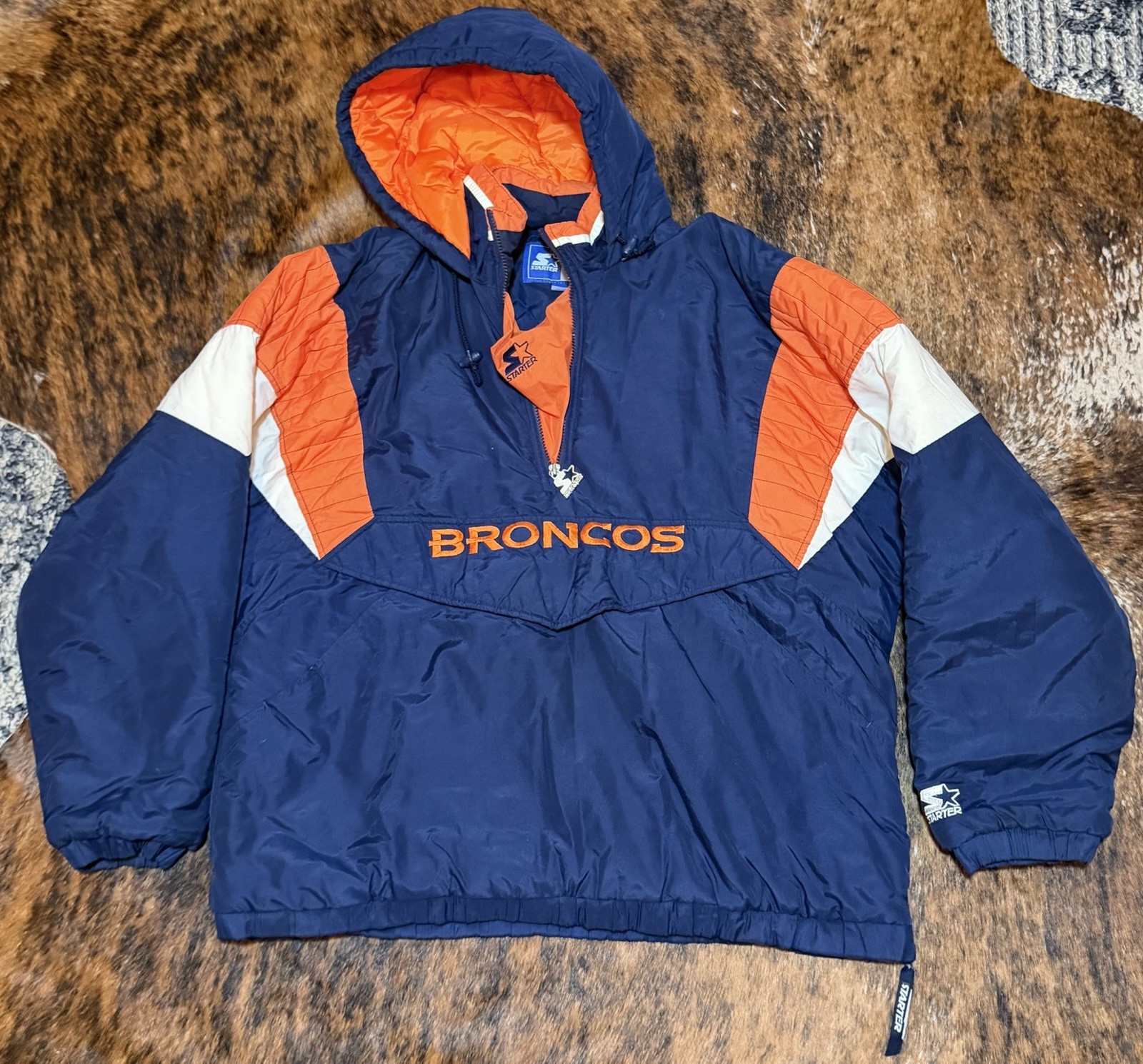 Vintage 90s Starter Jacket Denver Broncos NFL kangaroo pocket 1/2 Zip Hooded XL
