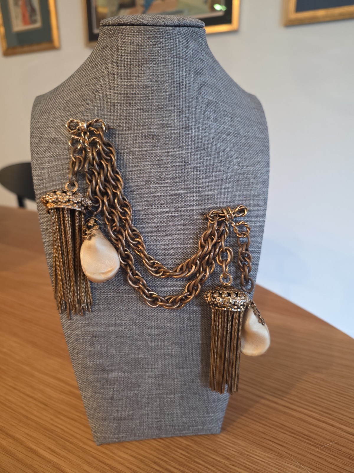 Vintage Adele Simpson Chatelaine Pin w Large Faux Pearls & Tassels Signed