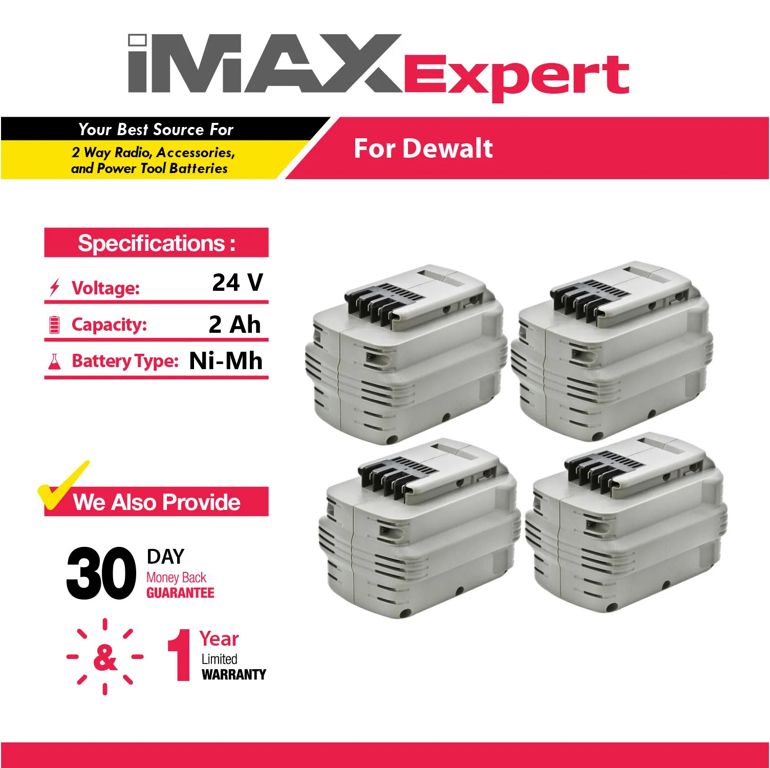4x 24V 2Ah NiMh Battery for DeWalt DW0240, DW0242, DW0241, DE0240