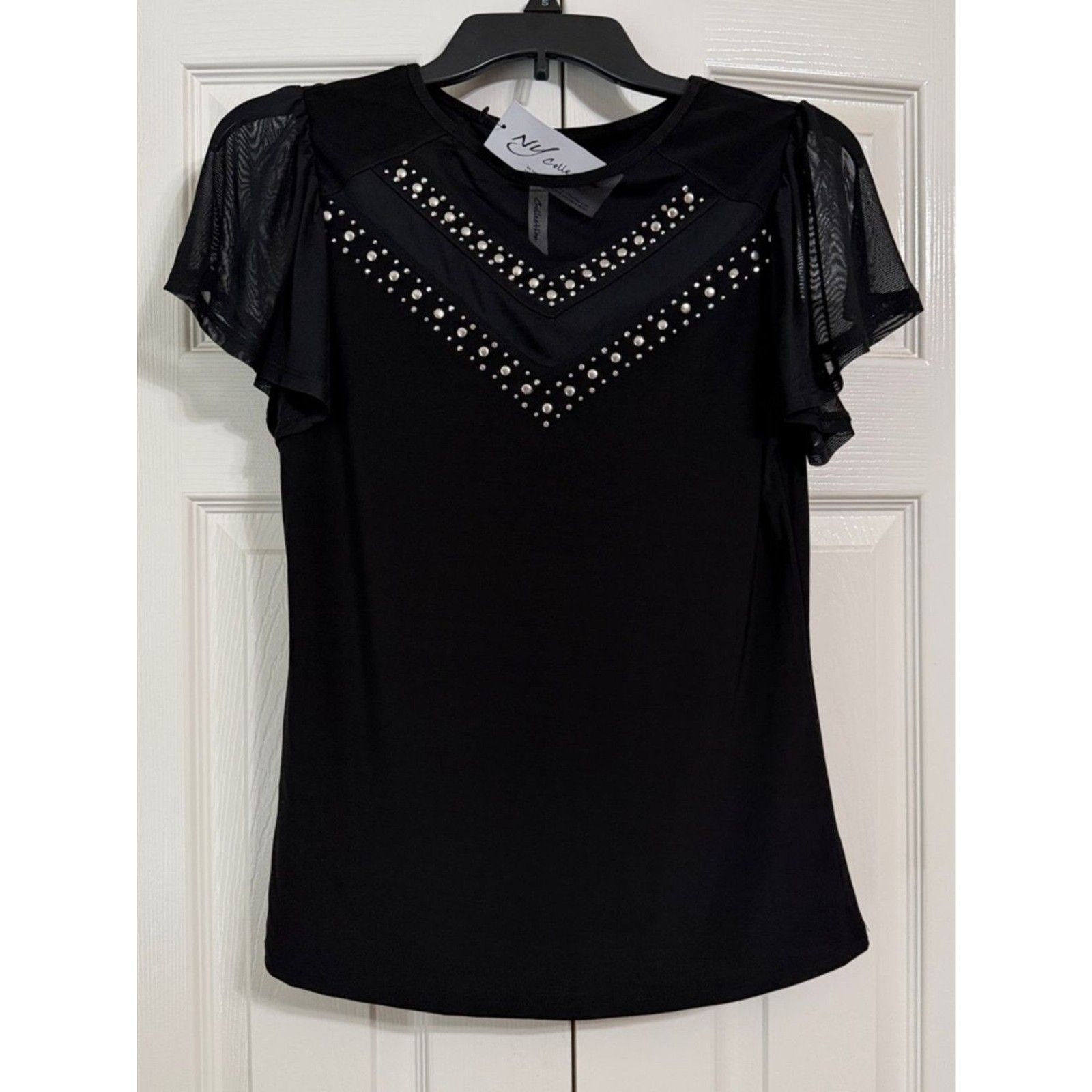 NWT NY Collection Black Mesh Flutter Sleeve Top Size Small