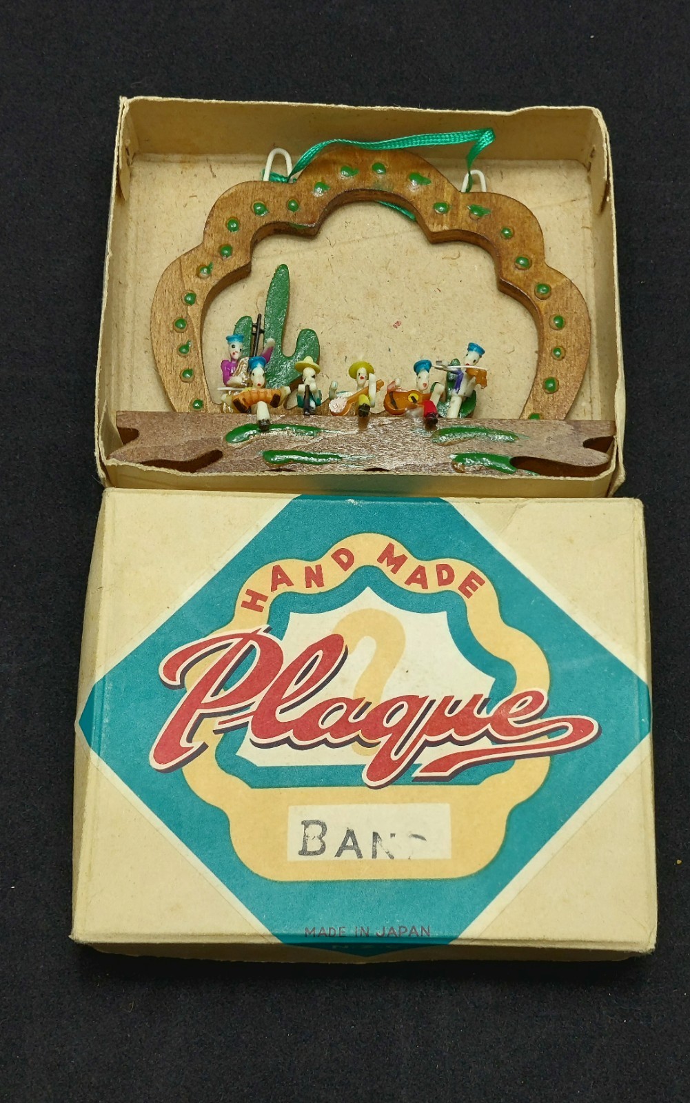 Vintage Japan Miniature Mariachi Band Figurine Wood Plaque Holiday Ornament
