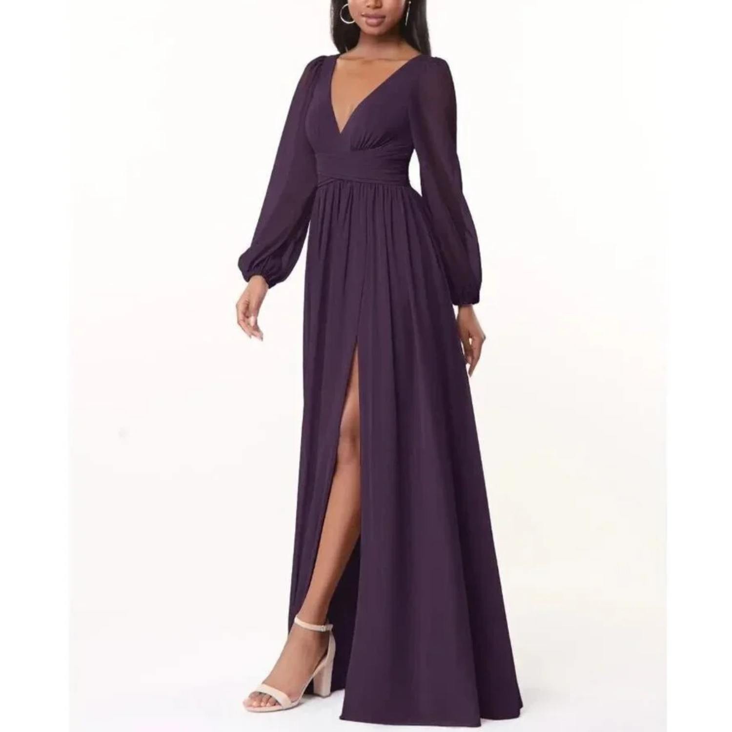 NWT Lulus Adoring You Dark Purple Long Sleeve Maxi Dress side slit chiffon gown