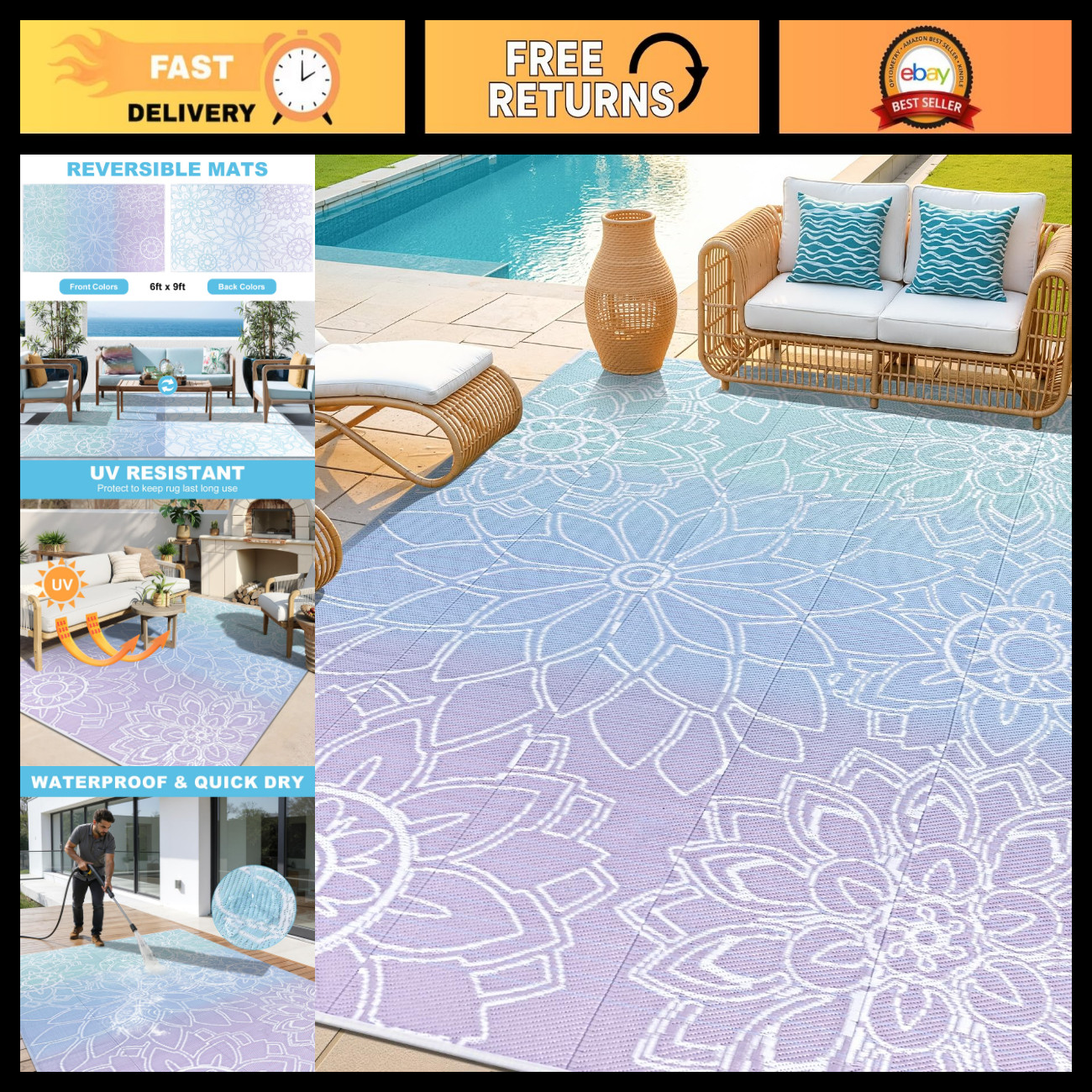 Reversible Outdoor Rug 6x9 ft - Waterproof Camping Mat for Patio, Deck, Beach, R