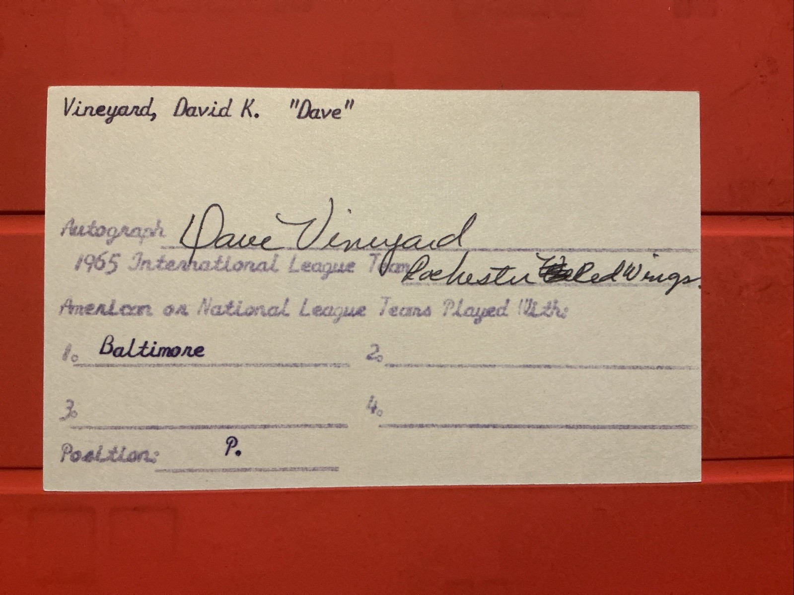Dave Vineyard 🔥🔥🔥🔥MLB: 1964 Baltimore Orioles 🔥🔥🔥🔥Autograph🧢