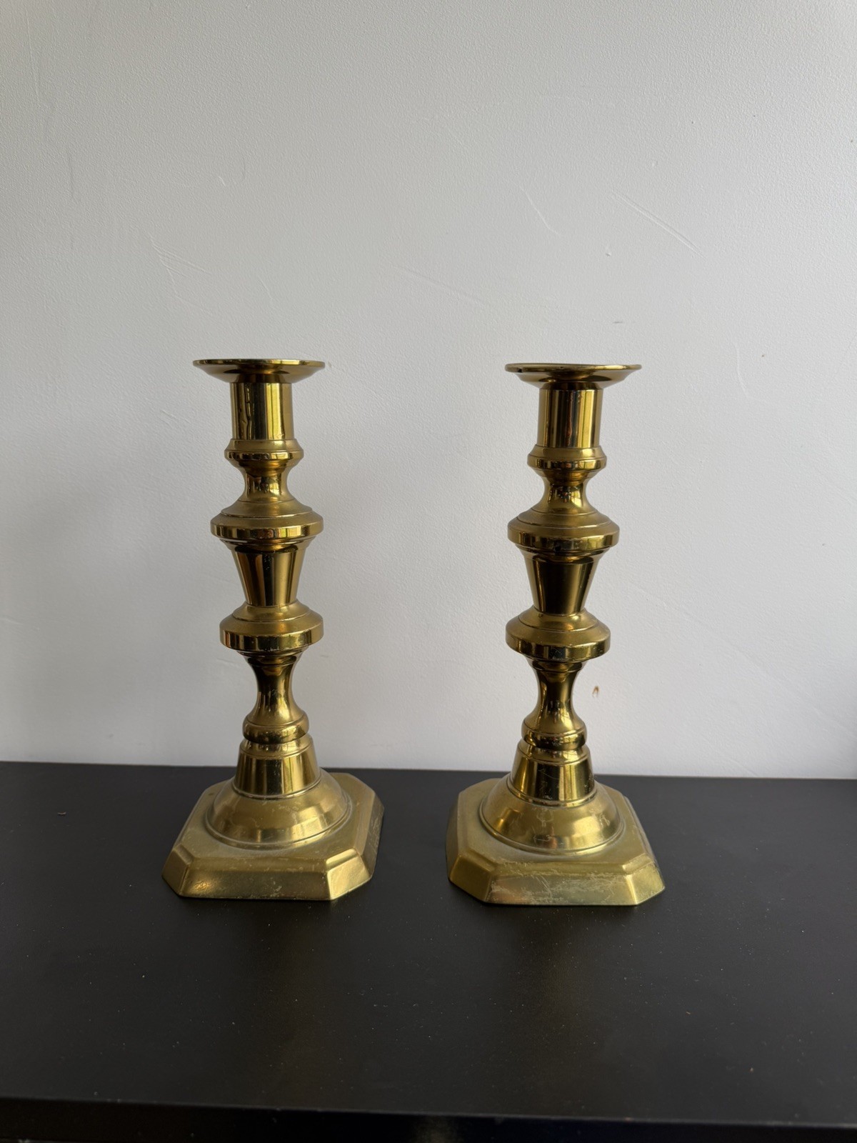 Antique 19th Century English Brass Candlestick Pair Antique 19th Century English Brass Candlestick Pair