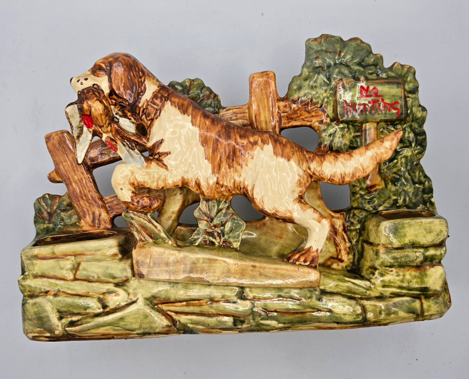 Vintage McCoy Ceramic Hunting Dog Planter Green Brown Beige 13in x 8in Glossy