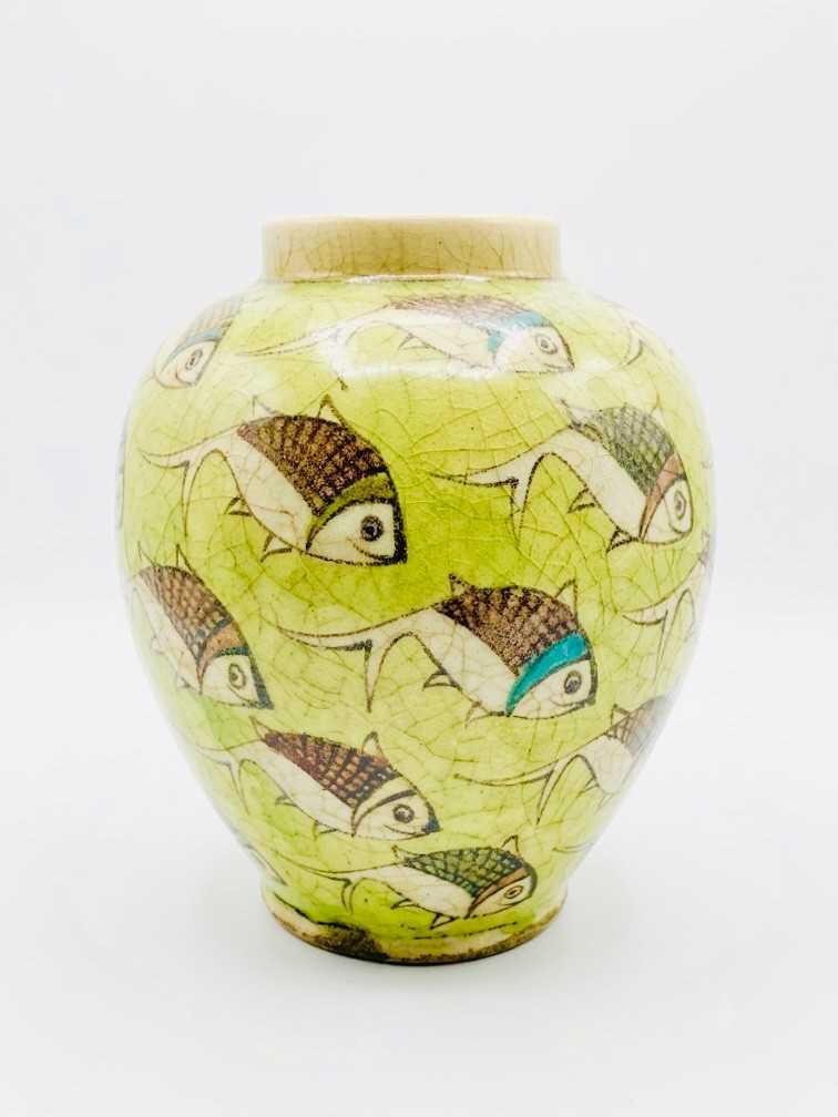 Antique Persian Middle Eastern Qajar Pottery Vase/Vessel with Fish
