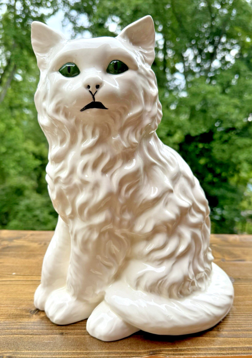 Vintage White Persian Cat Figurine Ceramic Green Eyes Large 12\