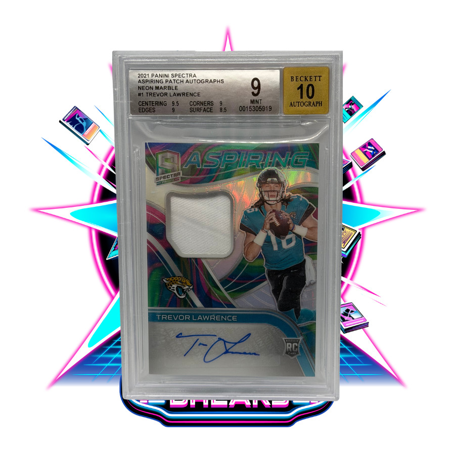 2021 Panini Spectra Trevor Lawrence Aspiring Patch Autographs Neon Marble /4 BGS 2021 Panini Spectra Trevor Lawrence Aspiring Patch Autographs Neon Marble /4 BGS