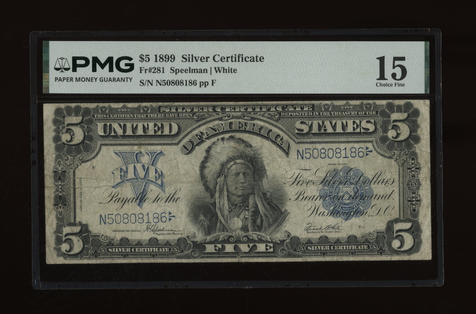 DBR 1899 $5 Silver Cert Indian Oncpapa Fr. 281 PMG 15 Serial N50808186 DBR 1899 $5 Silver Cert Indian Oncpapa Fr. 281 PMG 15 Serial N50808186