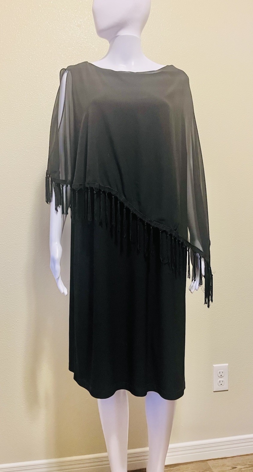 R&M Richards Plus Size 16W Black Dress Attached Fringed Caplet Over Sheath Dress