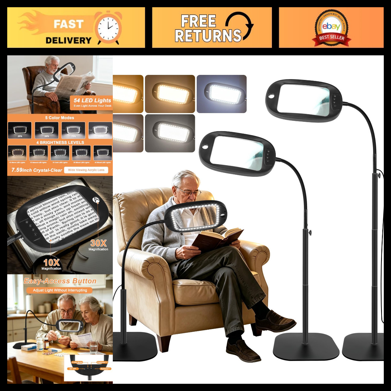10X 30X LED Floor Magnifier with Adjustable Stand, Lighted Magnifying Glass