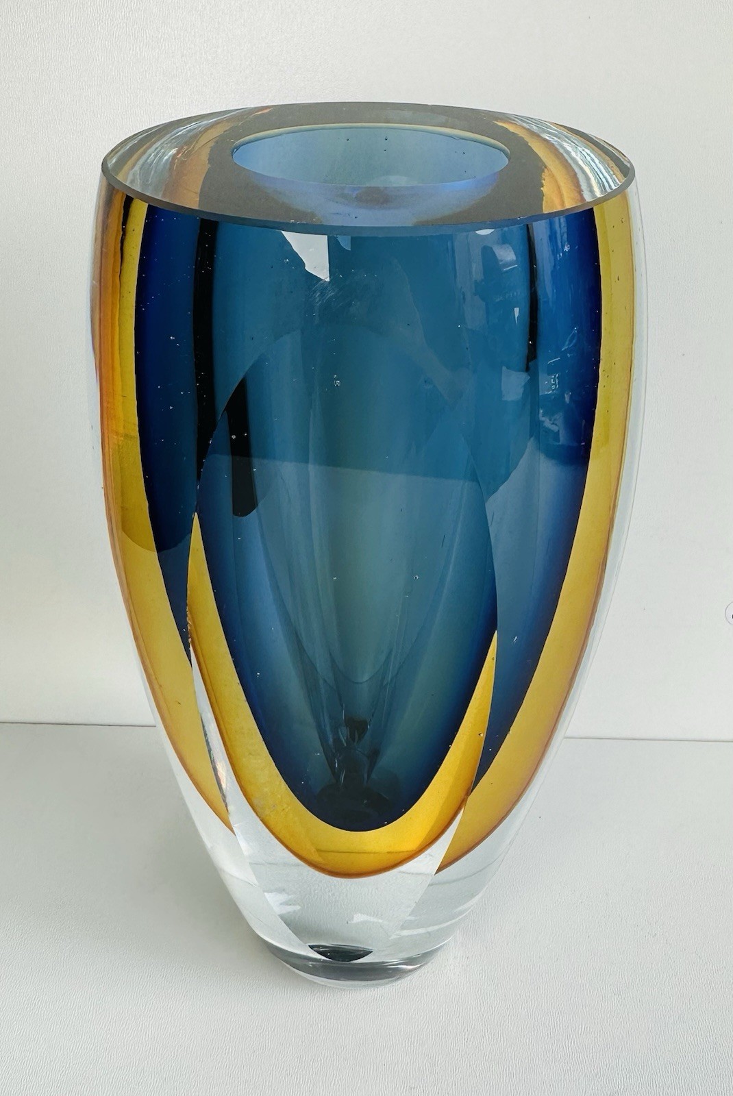 Vintage Flavio Poli Cobalt Blue Yellow Sommerso  Glass Vase Italy  50s Murano