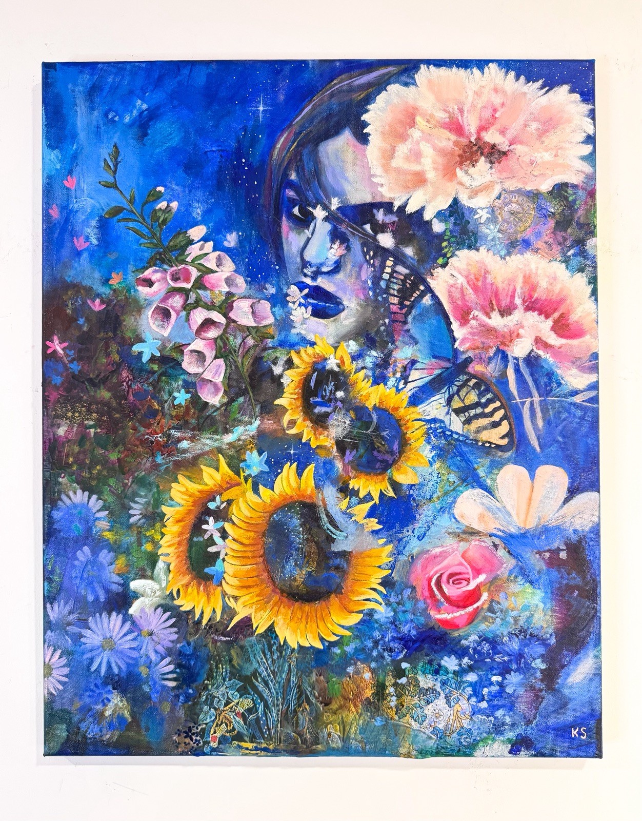“Midnight Garden Party” Original Art acrylic And oil 16x20 Galaxy Flowers Woman “Midnight Garden Party” Original Art acrylic And oil 16x20 Galaxy Flowers Woman