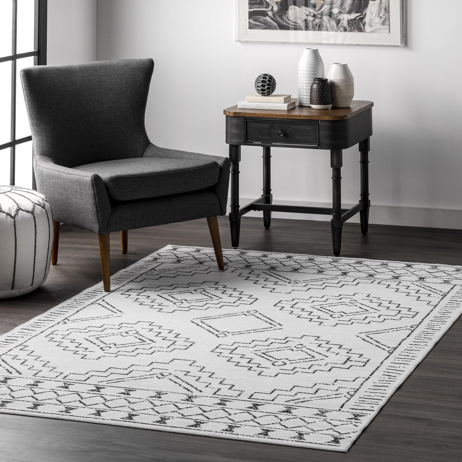 Nuloom SpinClean Noa White/Charcoal, 3\' x 5\', Moroccan, Soft And Cozy, High Nuloom SpinClean Noa White/Charcoal, 3\' x 5\', Moroccan, Soft And Cozy, High