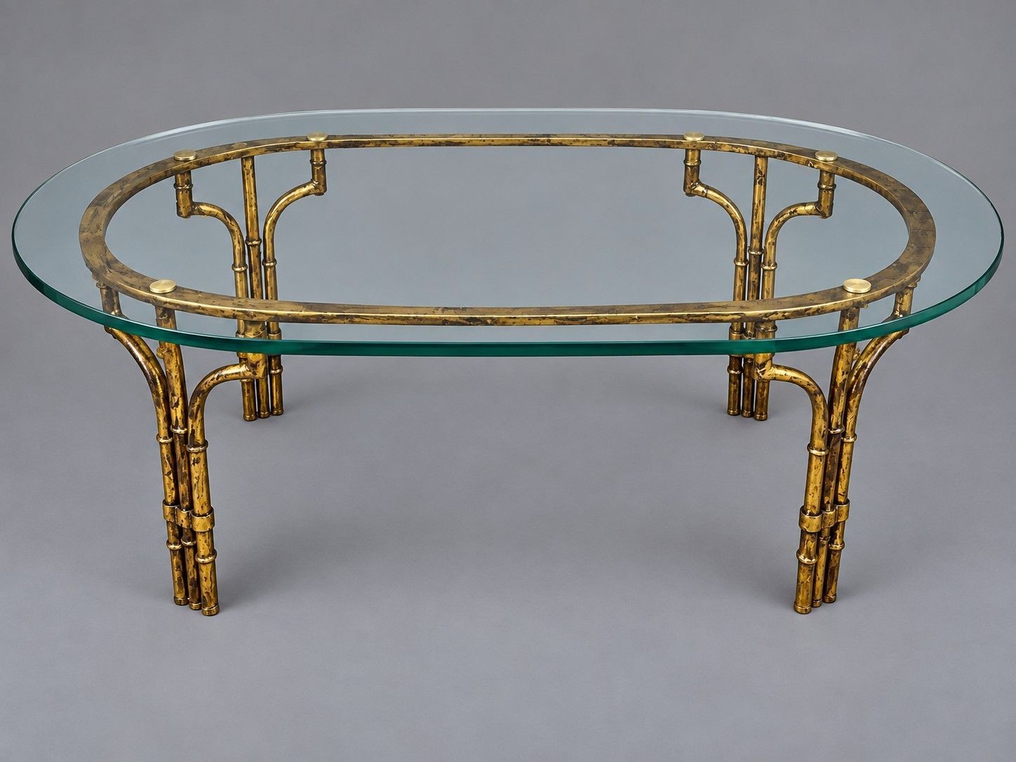 Hollywood Regency Gilt Faux Bamboo Oval Glass Coffee Table 46\