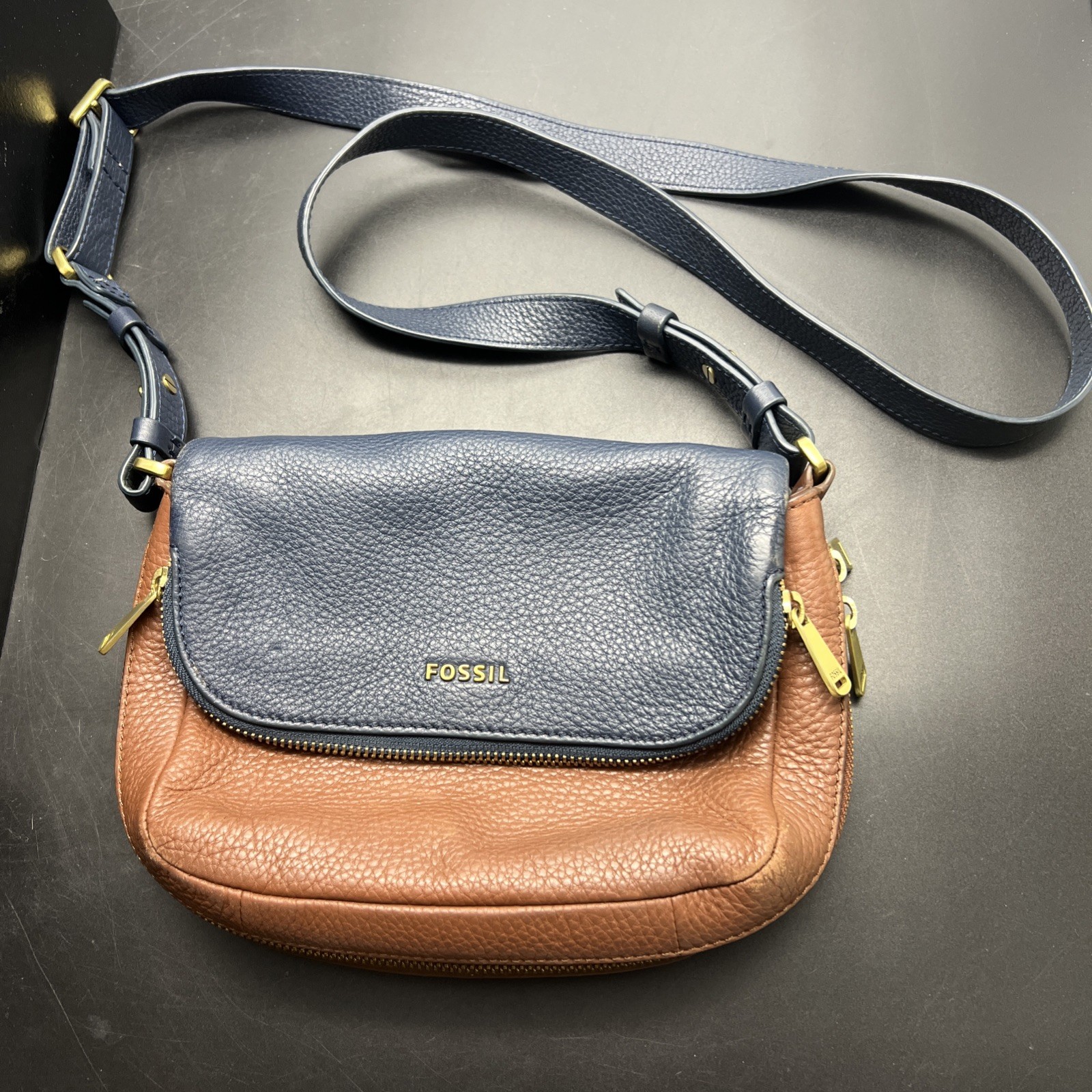 Fossil Preston Small Flap Crossbody Bag In Navy Blue And Brown