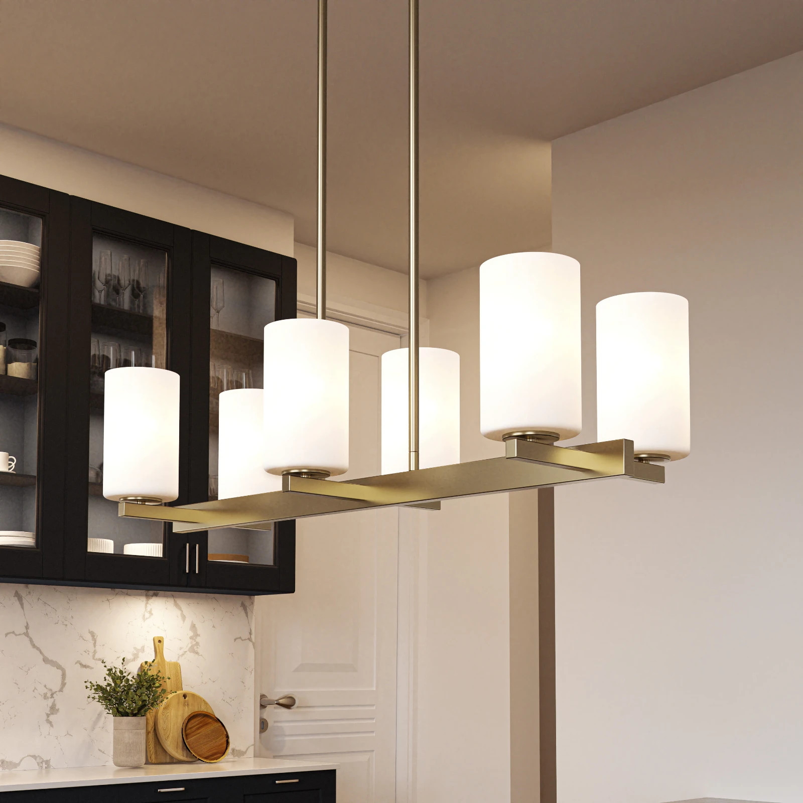 Quoizel Vista 6 Light Chandelier, Brushed Gold with White Shades, New in Box